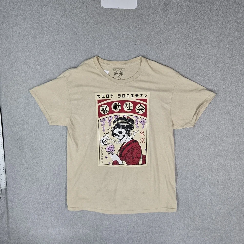 Riot Society Men Shirt L Beige Graphic Skeleton Geisha Tee Short Sleeve READ